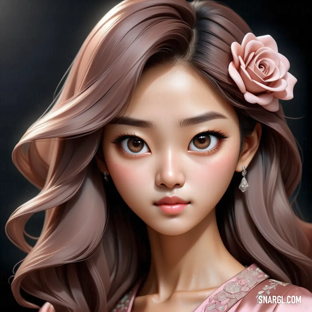Girl with long hair and a flower in her hair is shown in this digital painting style image of a young asian girl