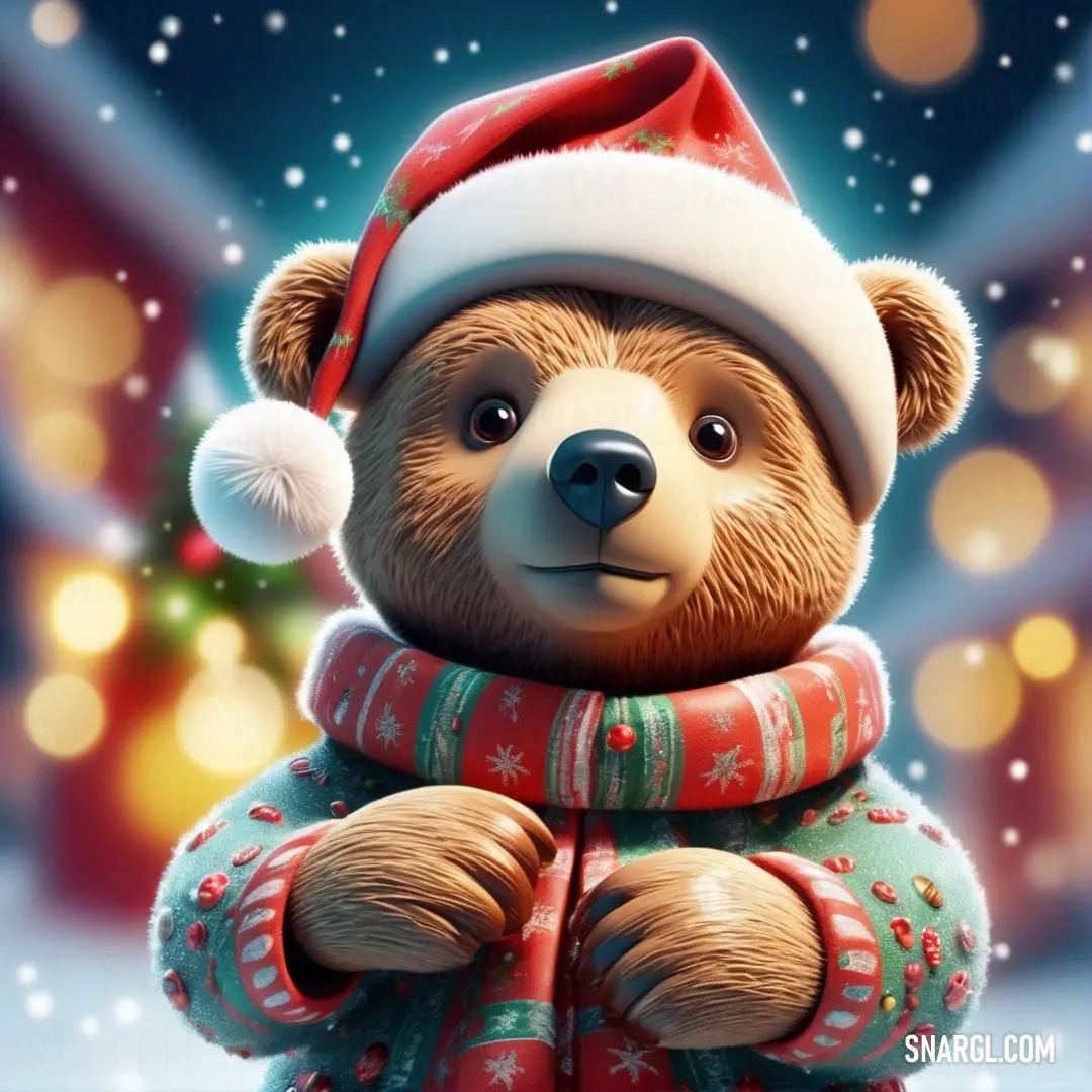 NCS S 0510-R40B color example: Teddy bear wearing a santa hat and scarf with a christmas tree in the background
