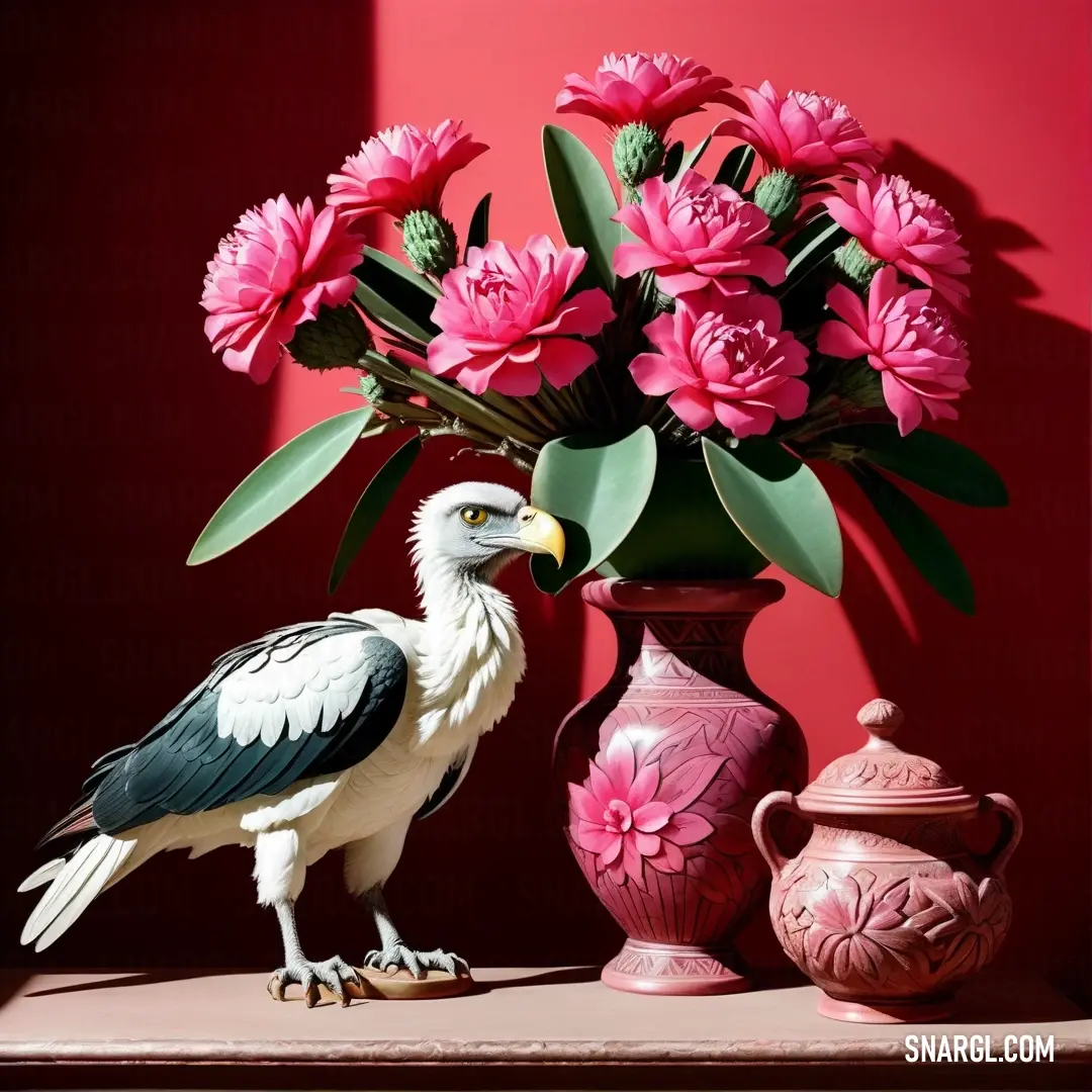 Bird is standing next to a vase with flowers in it and a vase. Color RGB 252,245,250.