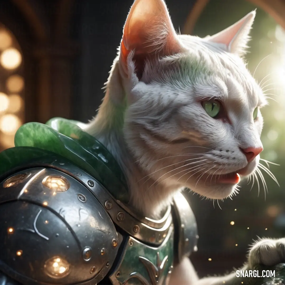 White cat with green eyes and a green collar and armor on. Example of RGB 252,245,250 color.
