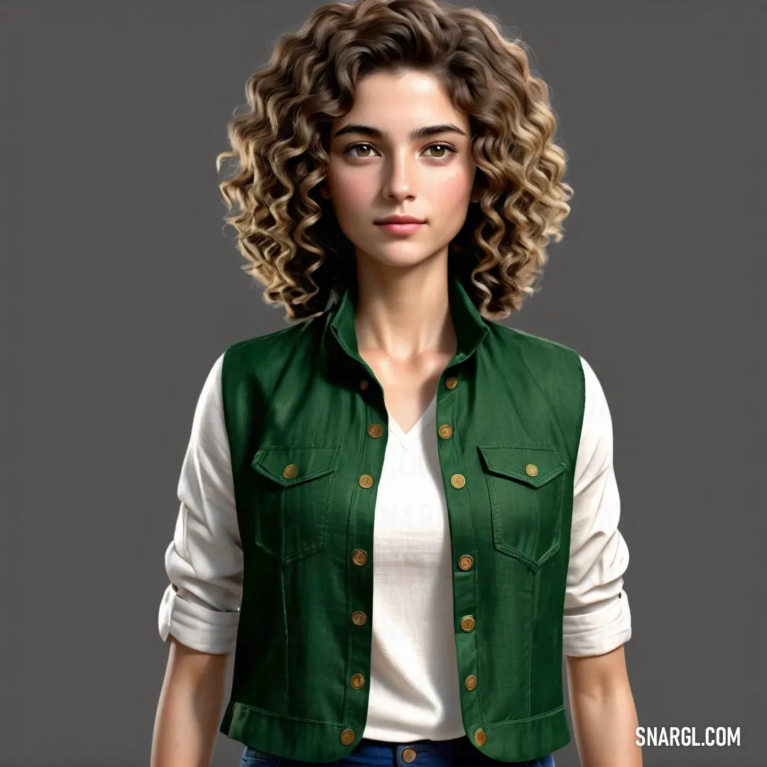 NCS S 0510-R70B color. Woman with curly hair wearing a green vest and jeans, standing in front of a gray background
