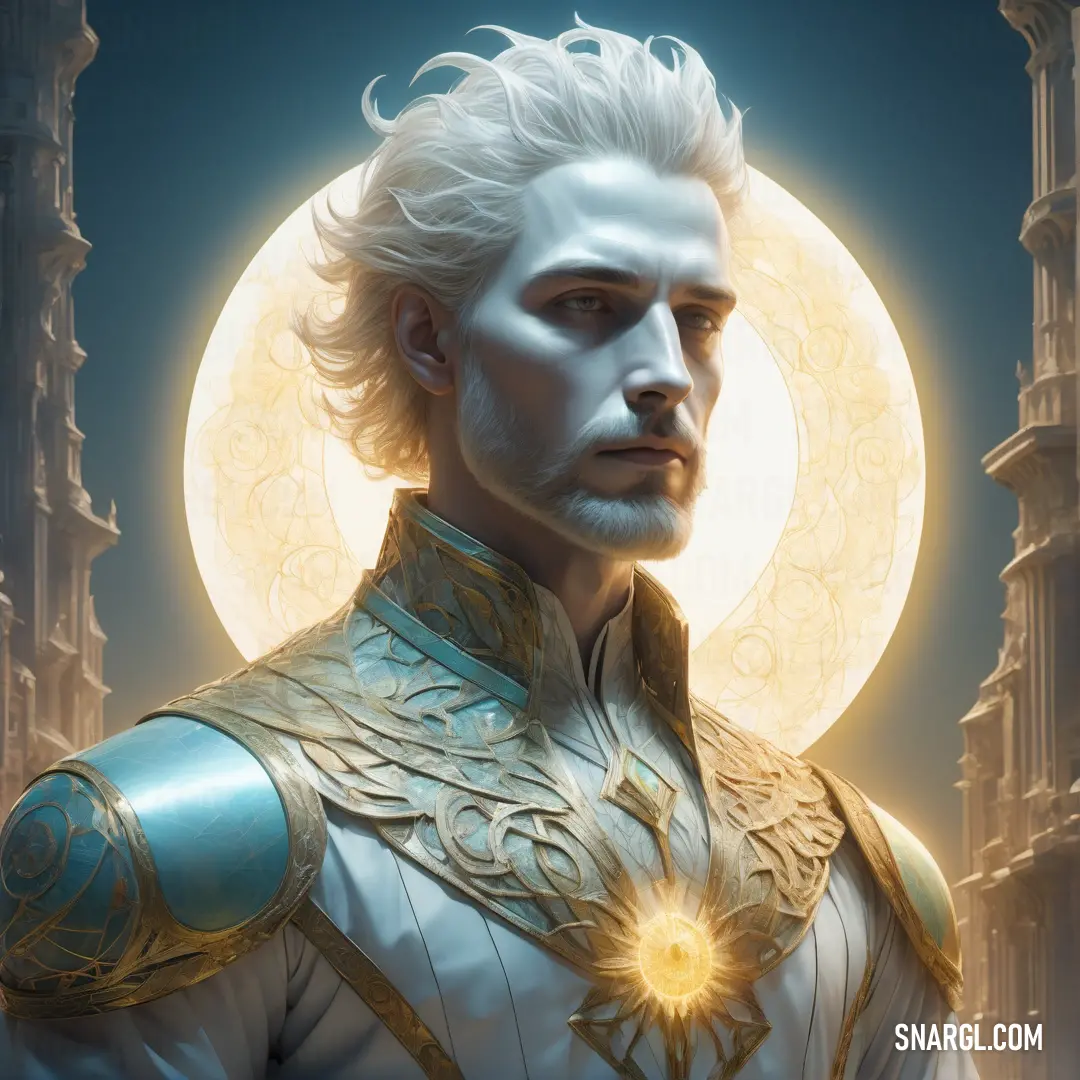NCS S 0510-R80B color. Man with white hair and a beard wearing a white suit and gold armor stands in front of a full moon