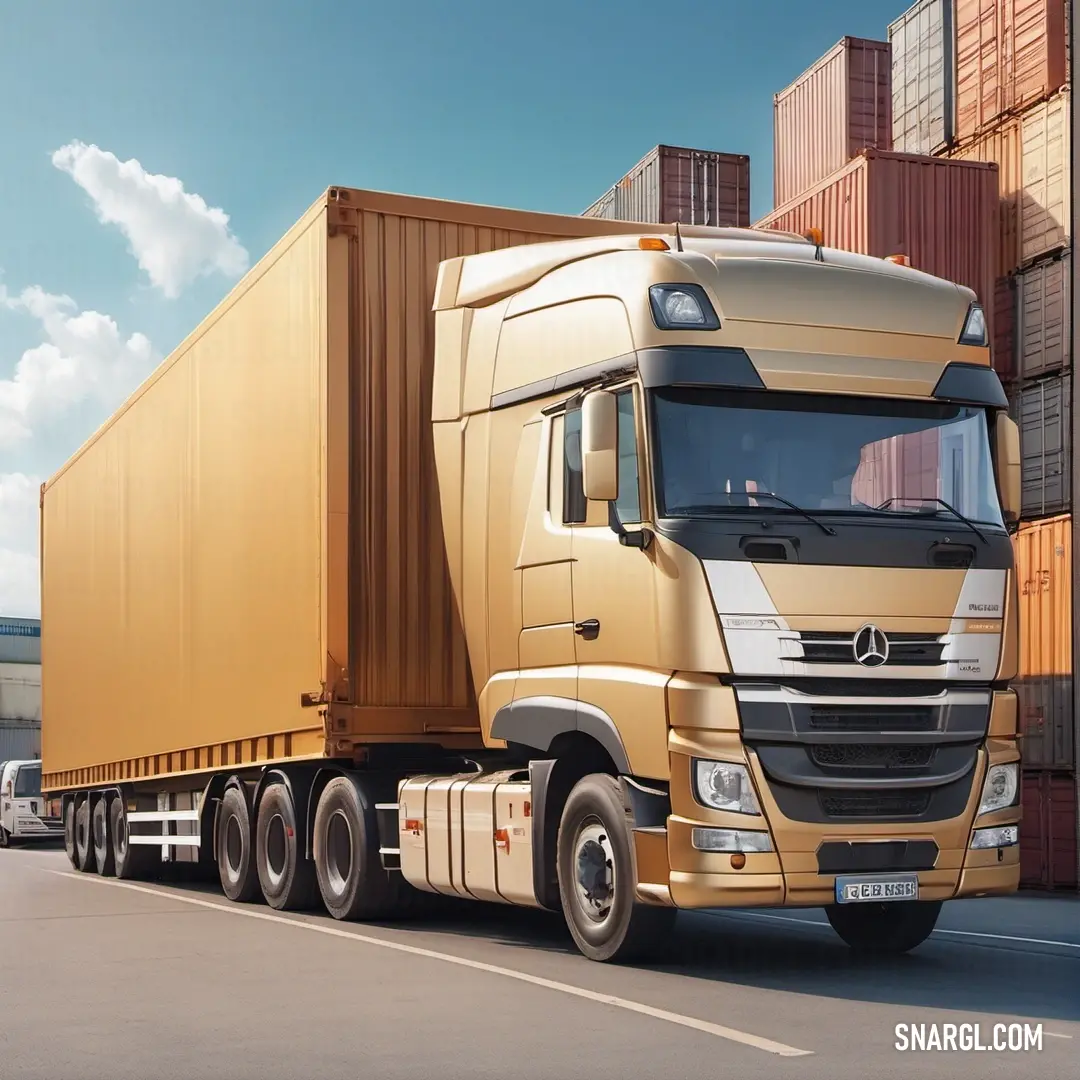 A dynamic scene featuring a large truck skillfully navigating a busy street, flanked by a towering building and containers. The vibrant NCS S 0510-Y color enriches the image, symbolizing movement and energy.