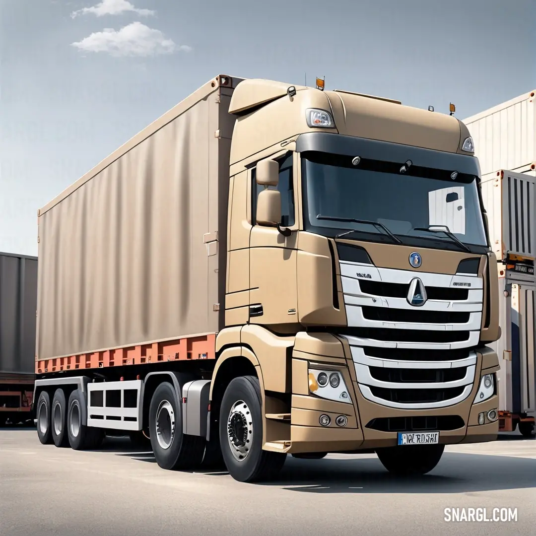 A large, vibrant truck is parked in a spacious lot, offering a striking contrast against a backdrop of a modern building. The soft hues from the surroundings blend harmoniously, enhancing the scene's tranquility.