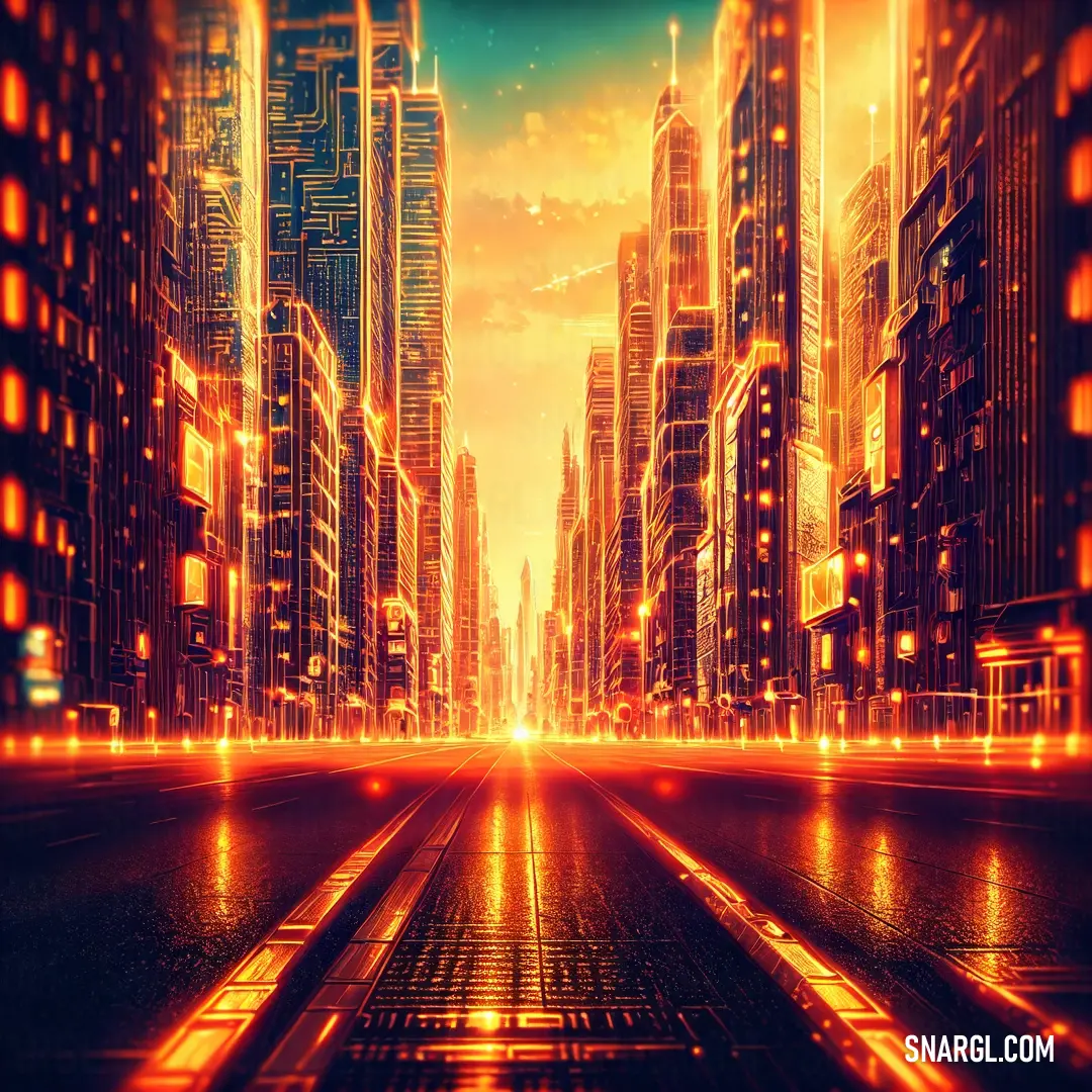 A bustling city street lined with towering buildings, showcasing modern architecture. The warm yellow-toned sky adds an ambient glow to the scene, enhancing the urban feel of this vibrant metropolitan environment.