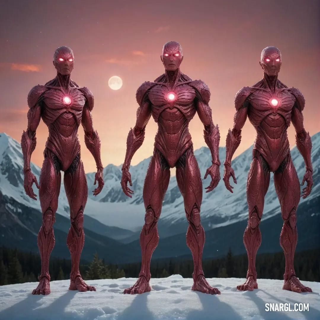 Three humanoid figures stand firmly in a snowy wilderness, their contrasting features against imposing mountain peaks, creating a striking image that embodies the union of strength and the ethereal in nature's beauty.