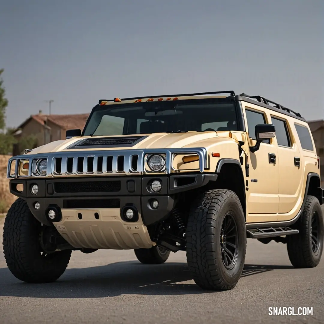 A robust Hummer truck confidently parked in a lot, with a cozy house visible in the background. The warm hue of NCS S 0510-Y encapsulates the feeling of home and adventure, embodying strength and versatility.