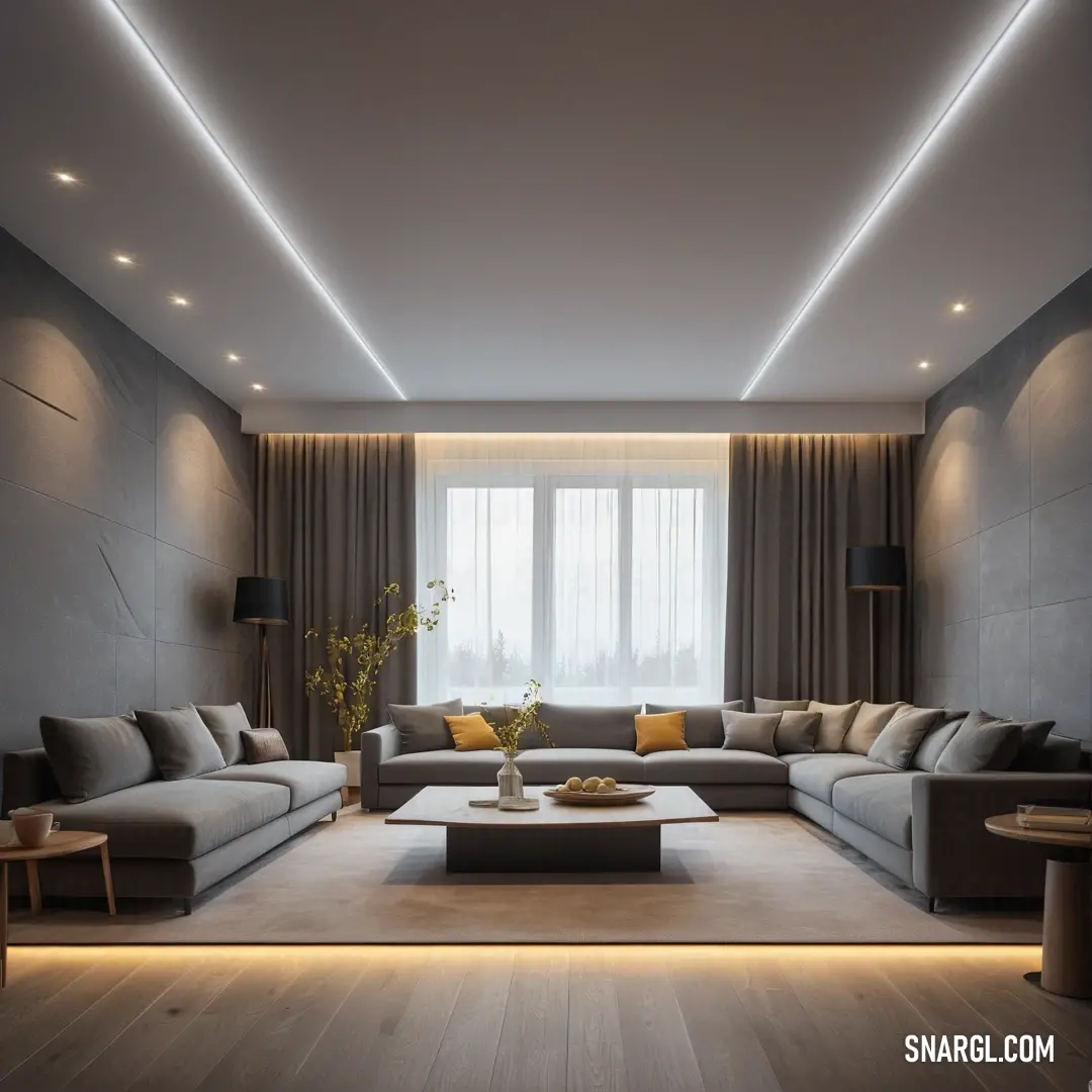 A beautifully arranged living room featuring a sleek couch, accented by warm light from a nearby window, creating a cozy atmosphere. The color scheme showcases a subtle hue of CMYK 0,0,30,0, resonating with comfort and style.