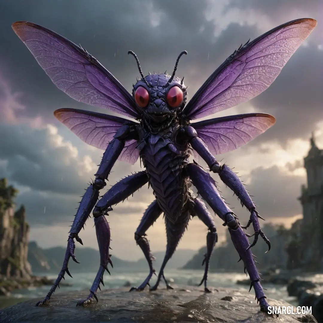 A vividly-hued purple insect with glowing red eyes stands perched on a rock, gazing at an enchanting castle in proximity to tranquil waters, framed by an ever-changing cloudy sky that adds depth to this ethereal tableau.