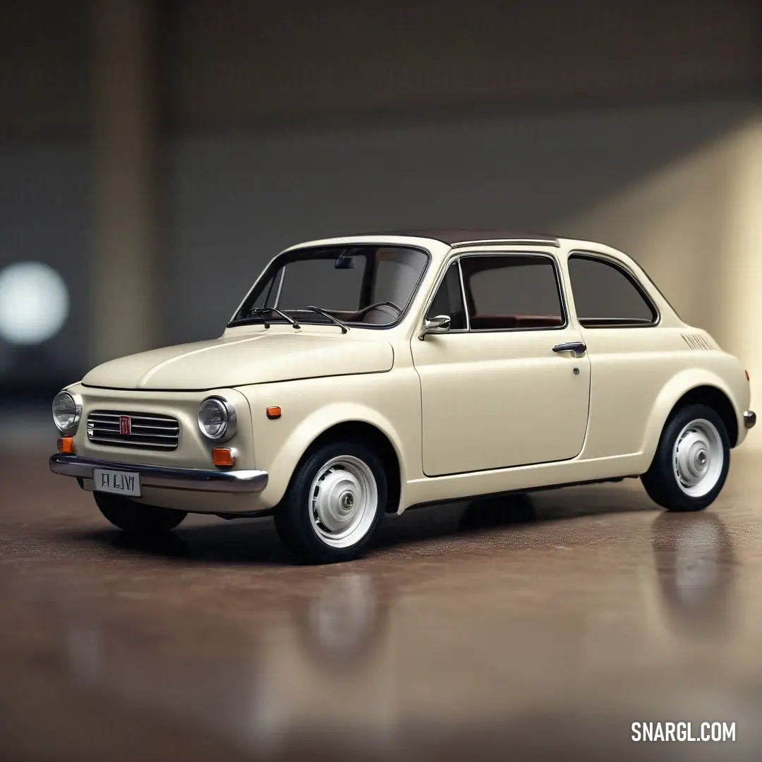 A small, pristine white car showcased on a sleek table, illuminated by soft light that highlights its smooth surface and vibrant color tones, creating an inviting and cozy atmosphere in the room.