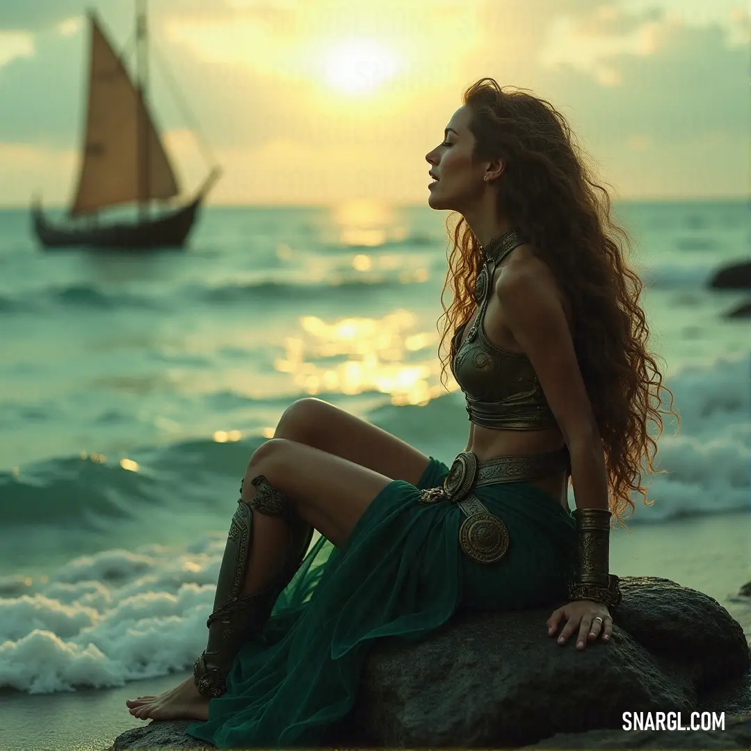 A thoughtful woman perches on a rock near the ocean, gazing at a distant sailboat drifting across the water under the sun's warm rays. The tranquil setting embodies serenity and inspiration amidst nature's beauty.