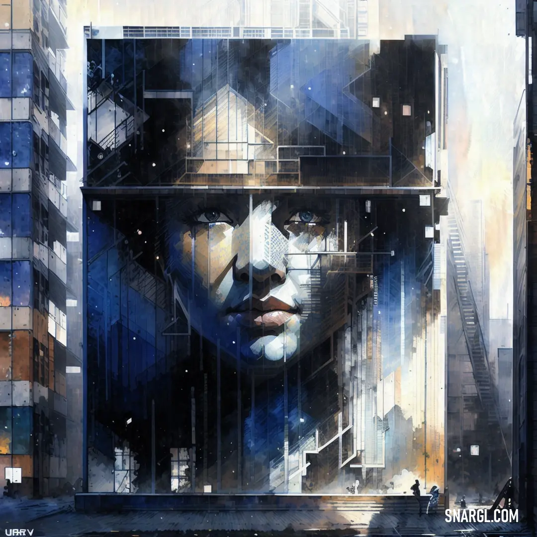 A captivating painting of a woman's face framed by a window, with a city skyline in the background. The warm hues blend seamlessly with the environment, giving the image a soft, reflective quality.