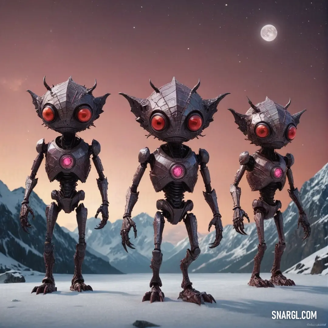 Three whimsical robot-like creatures stand together against a serene snowy backdrop, illuminated by the ethereal glow of a full moon casting shadows across the glistening snow. Their metallic bodies reflect hints of moonlight, creating a surreal atmospher