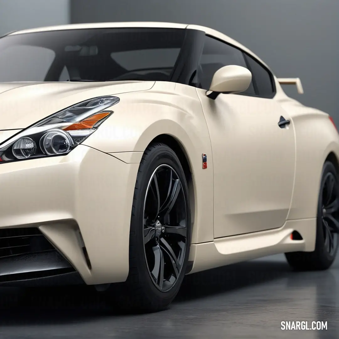 A striking white sports car parked inside a contemporary garage, featuring sharp black rims and a gleaming white hood that reflect the subtle overhead lighting, showcasing the elegance of automotive design.