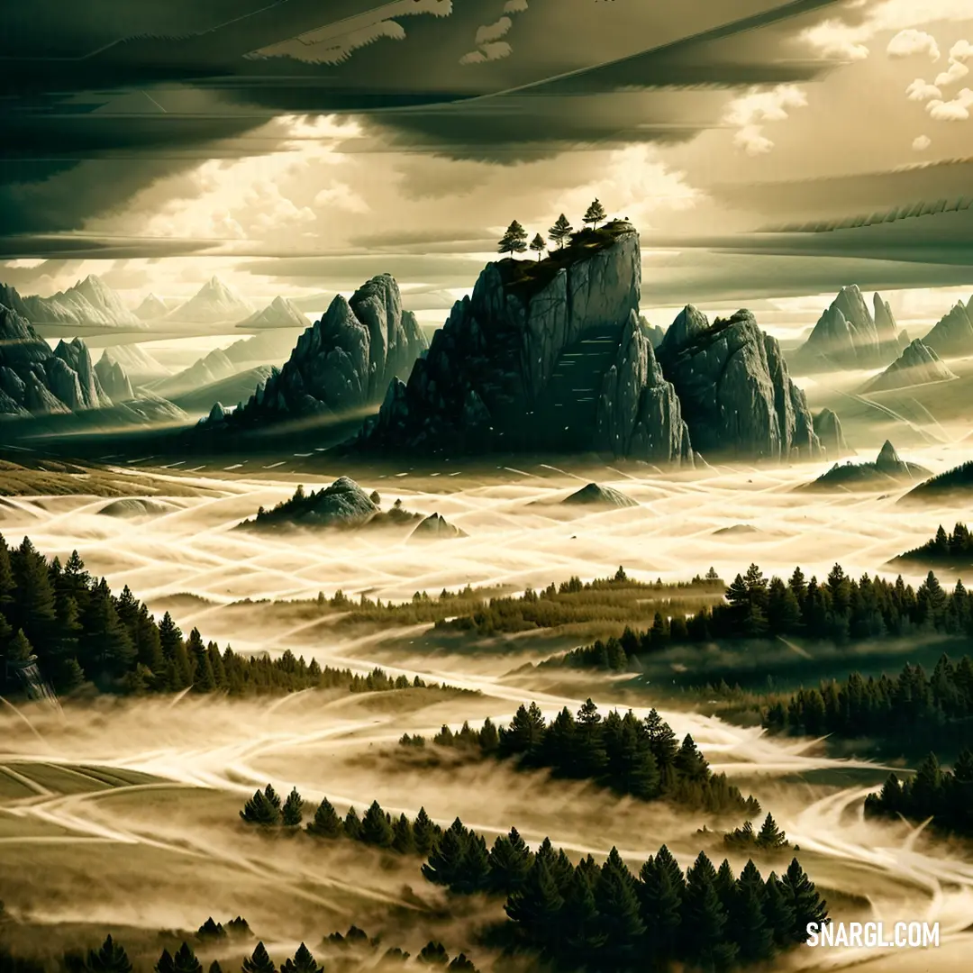 Painting of a mountain range with a cloudy sky above it and a valley below it with trees and mountains. Example of NCS S 0510-Y20R color.