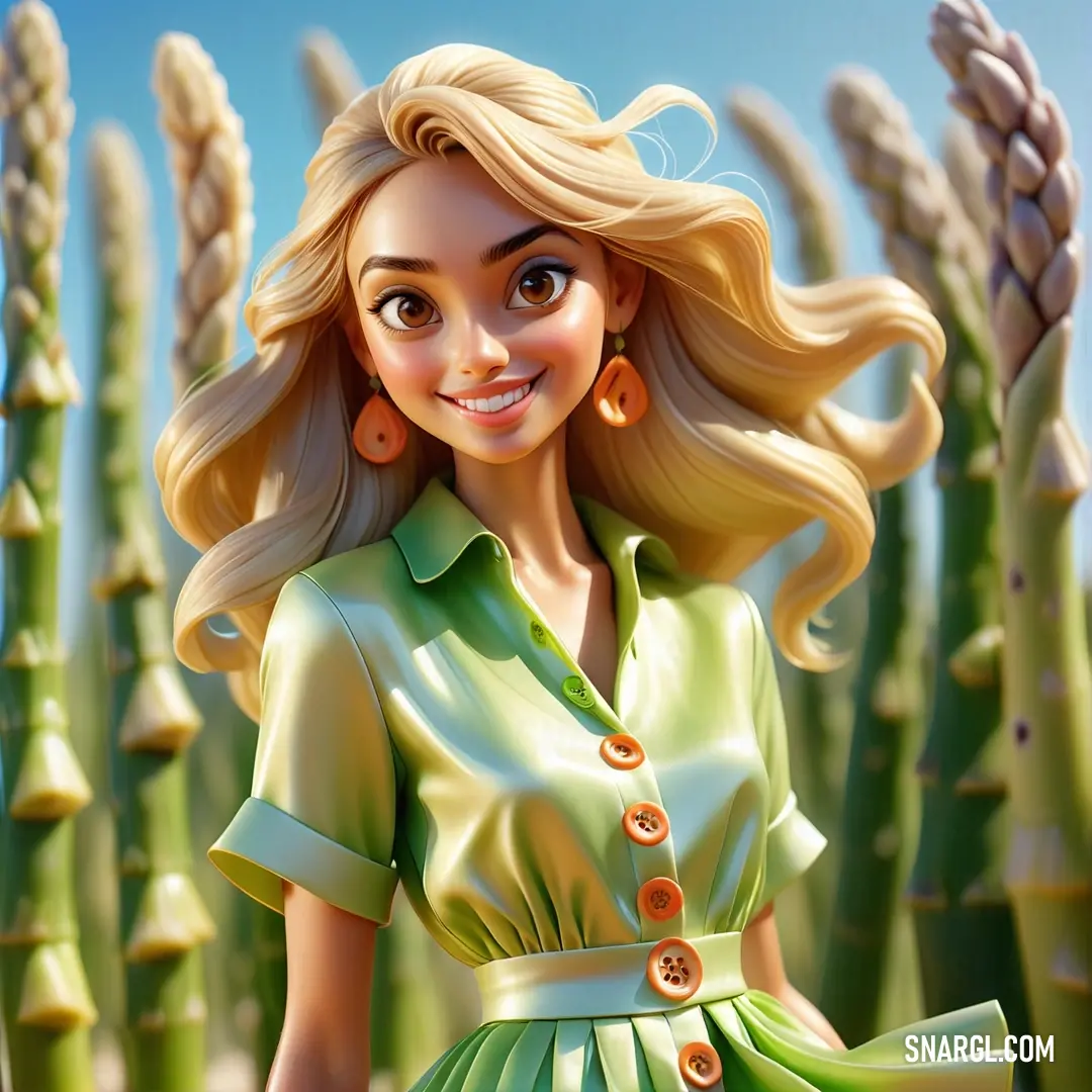 Cartoon girl in a green dress standing in a field of wheat stalks with a smile on her face. Color #FFEBC7.