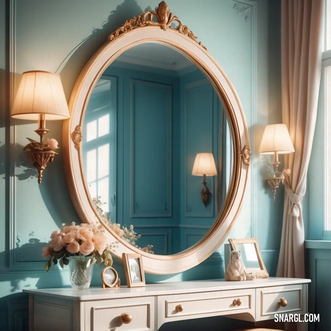NCS S 0510-Y40R color example: White dresser with a mirror and a lamp on it in a room with blue walls and a window
