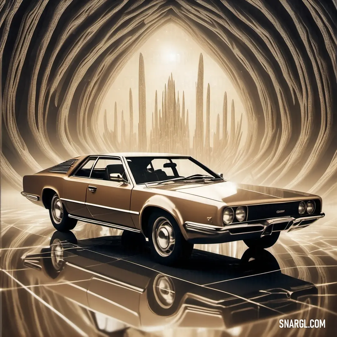 Car is shown in a surreal scene with a city in the background. Color #FFECD4.