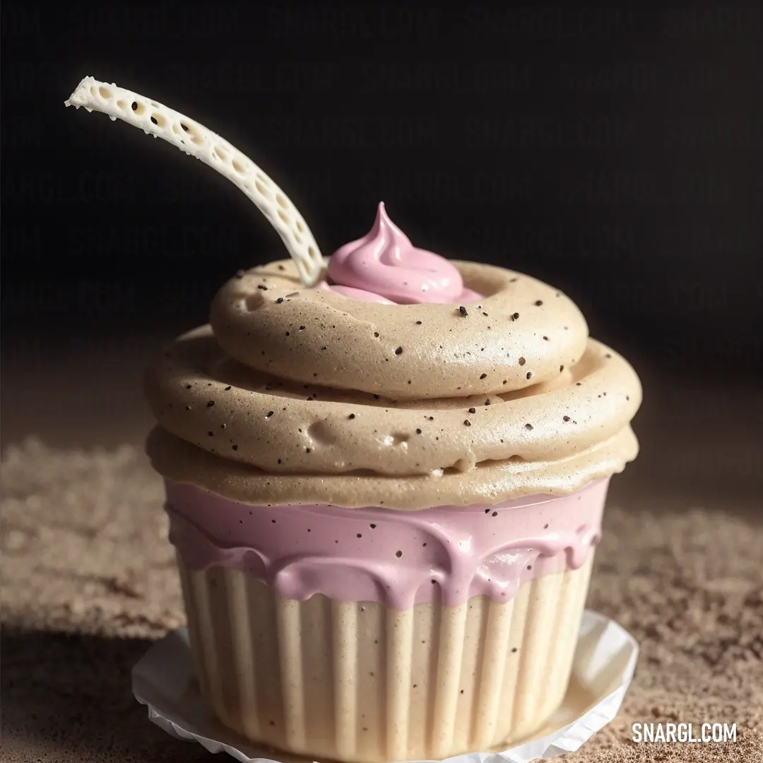 Cupcake with a pink frosting and a straw sticking out of it's top on a plate. Example of #FFECD4 color.