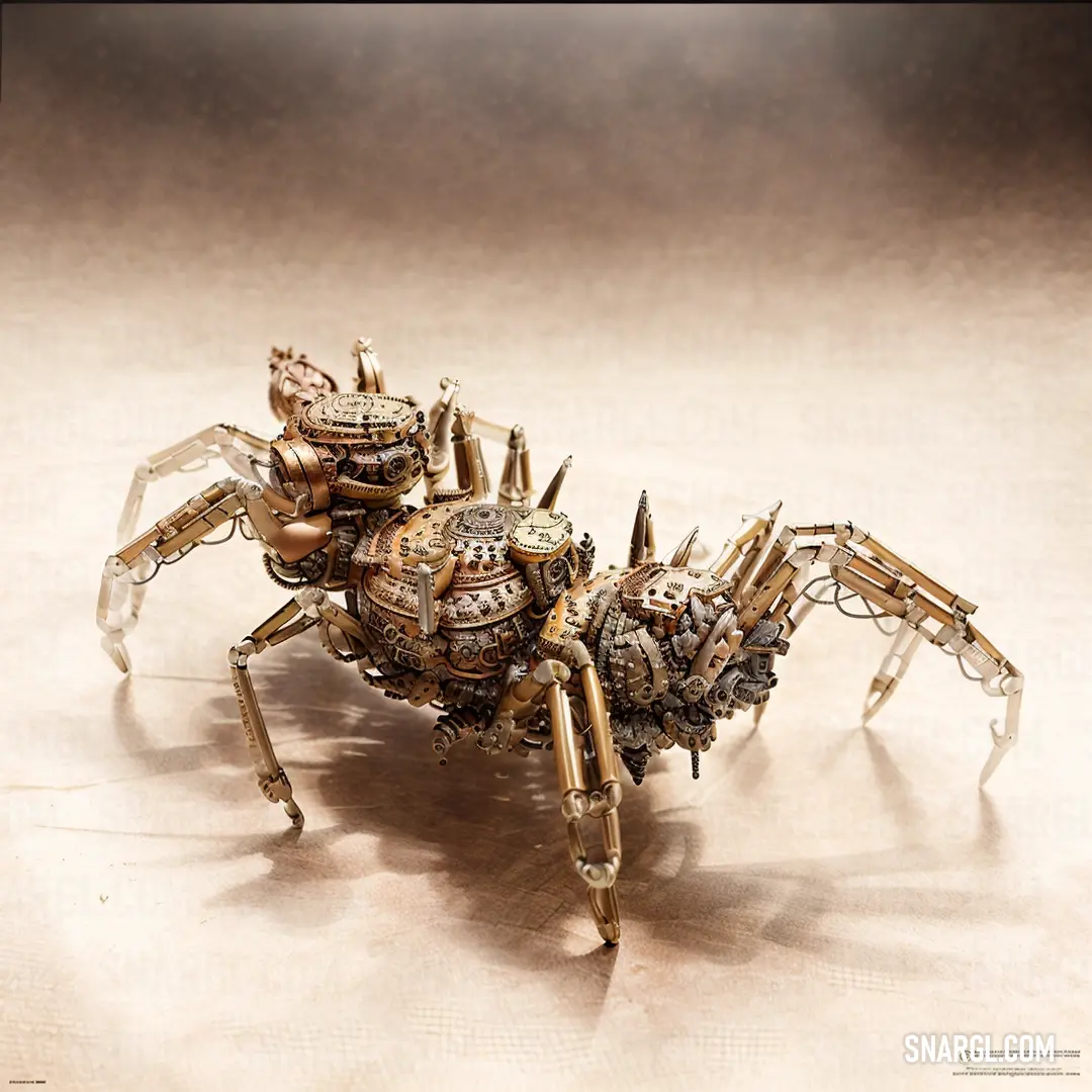 Metal sculpture of a spider with gears on it's legs. Example of #FFEAD0 color.