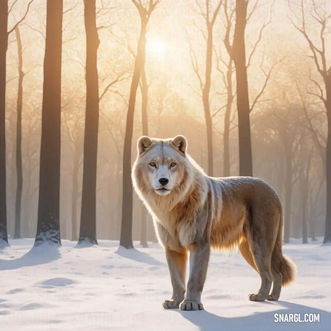 Wolf standing in the snow in front of trees and sunbeams in the background. Example of RGB 255,234,208 color.