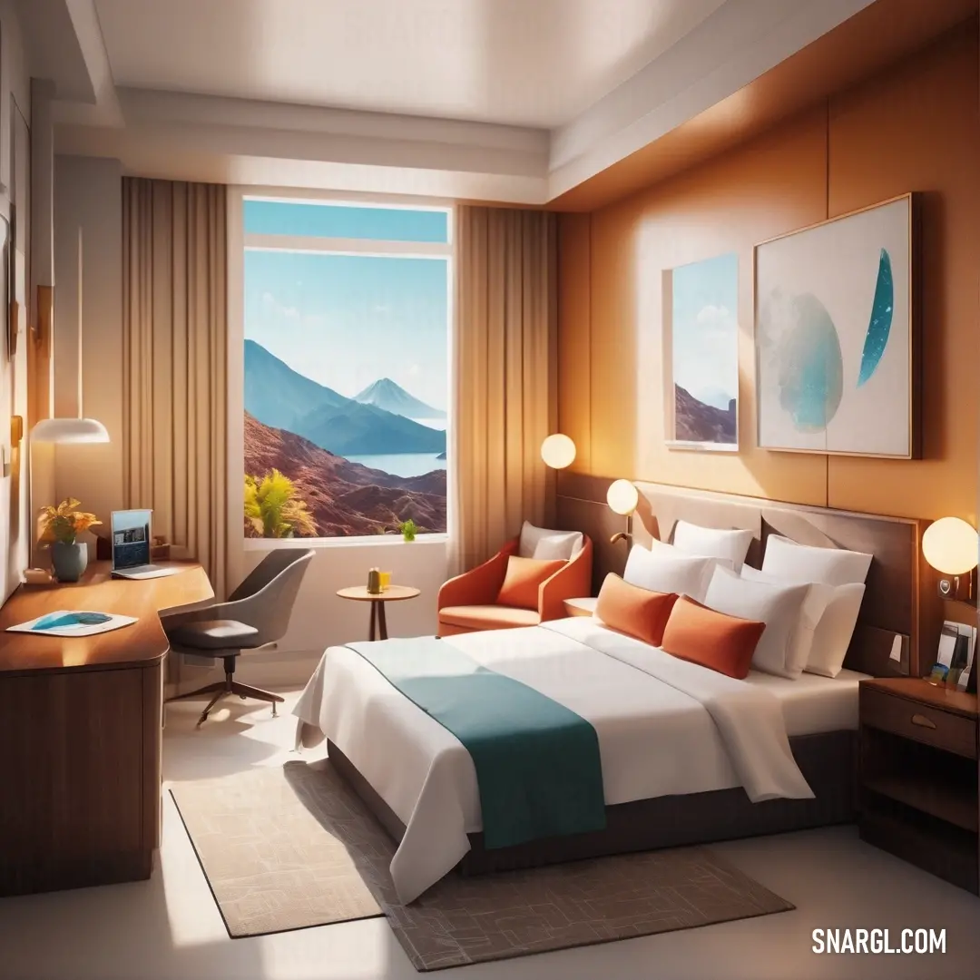 Bedroom with a bed, desk, chair and a window with a mountain view in the background. Color #FFF0DB.