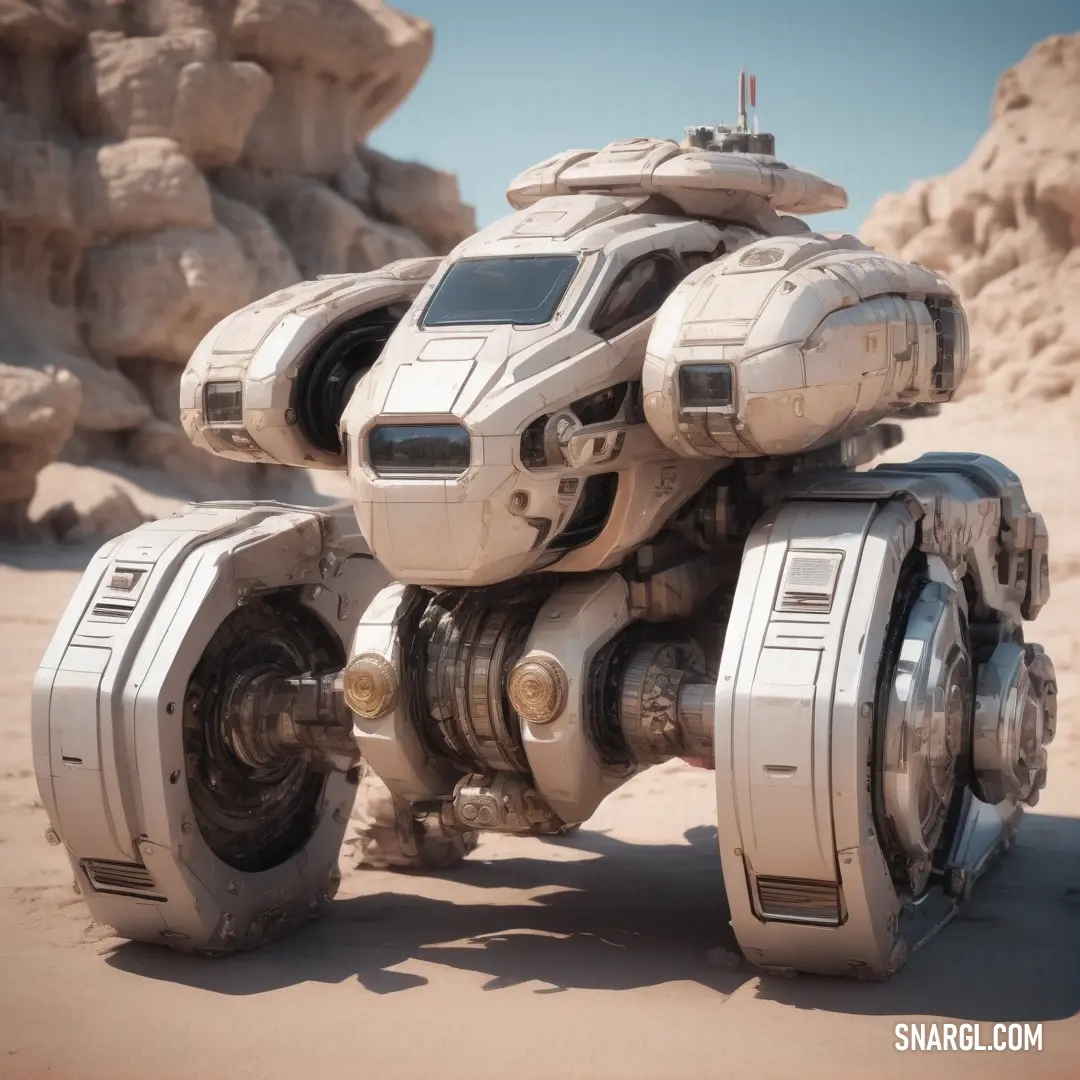 Futuristic vehicle is parked in the desert near rocks and boulders. Color RGB 255,240,219.