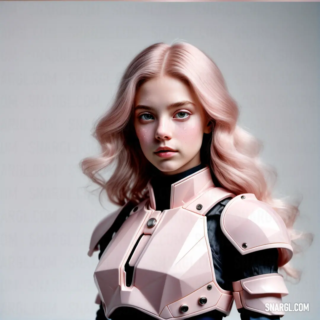 Woman with pink hair and a futuristic suit on her body. Color #FFF0DB.