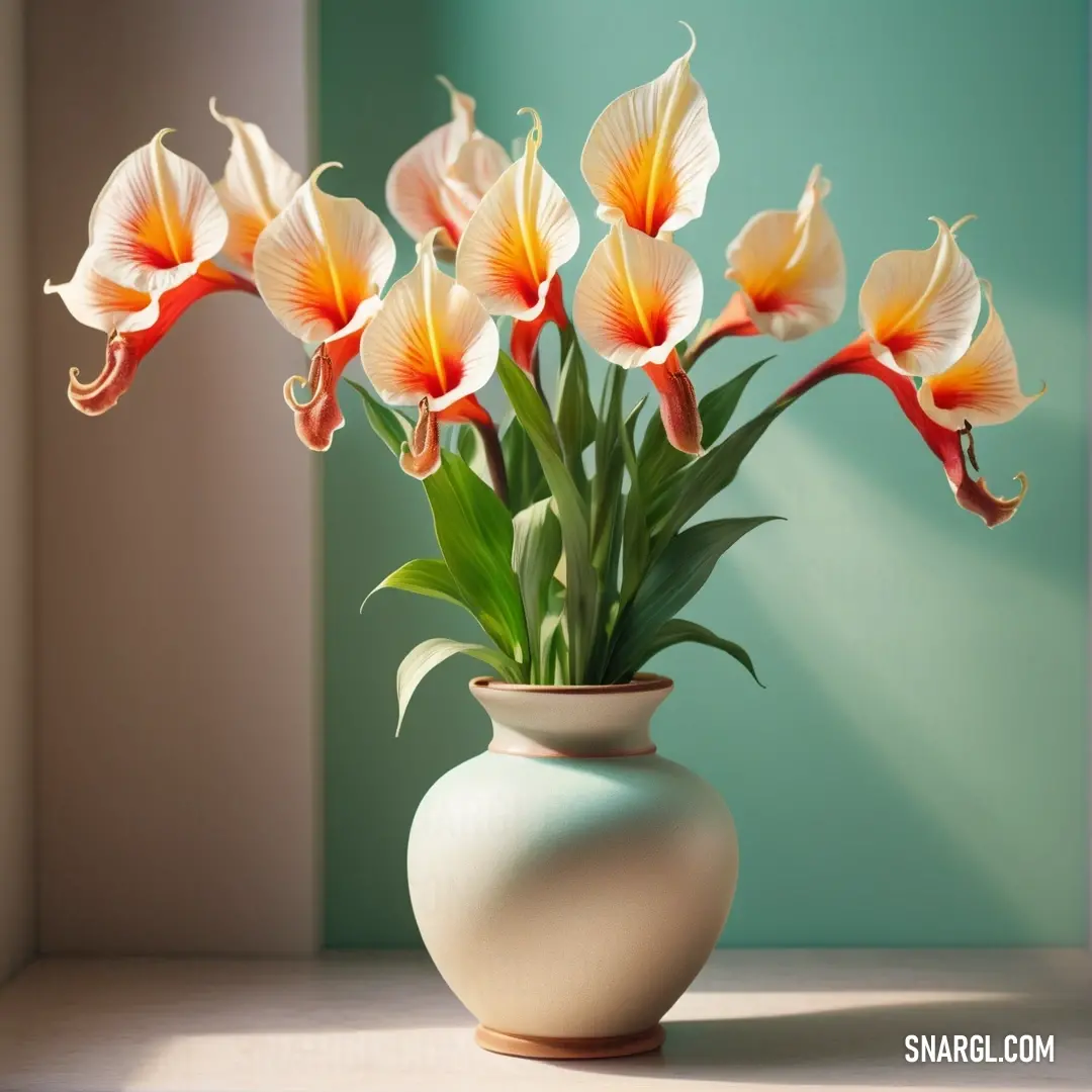 Vase with flowers in it on a table next to a window sill with a green wall behind it. Example of NCS S 0510-Y70R color.