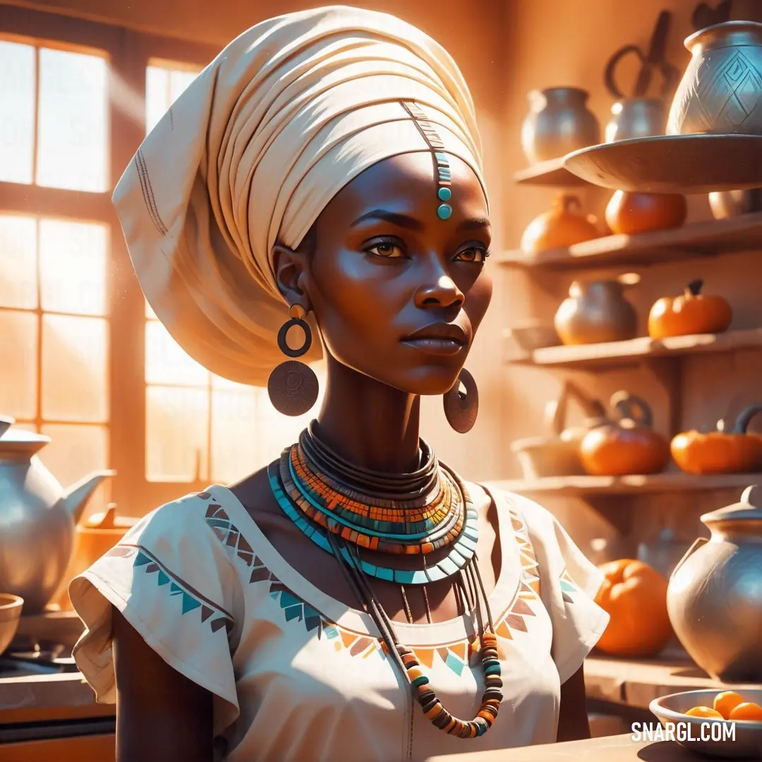 Painting of a woman with a turban and jewelry on her head and a teapot on a shelf behind her. Example of NCS S 0510-Y80R color.