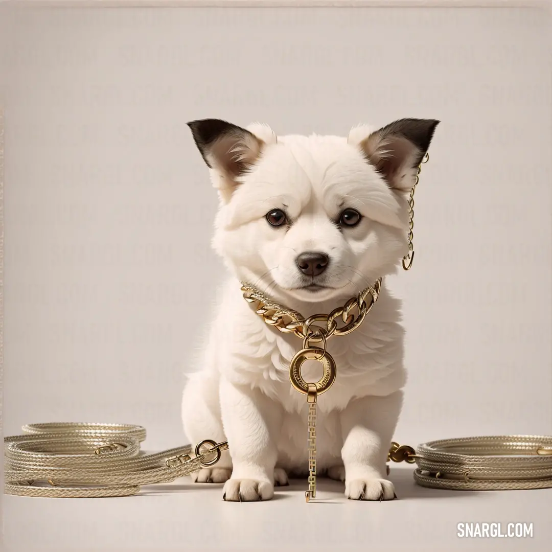 Small white dog with a gold collar and leash on a white background. Example of #FFEEE1 color.