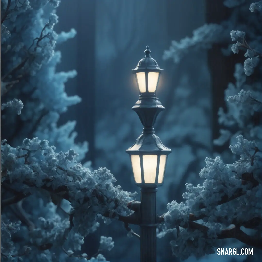 Street light in a snowy park with trees in the background. Color #FFEEE1.