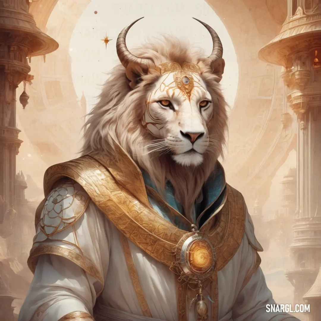 White lion with horns and a gold collar and a white outfit with gold details on it's chest. Example of #FFEEE1 color.