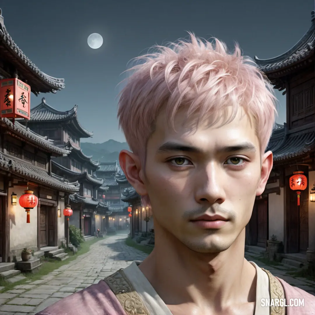 Man with pink hair standing in front of a building with lanterns on it's sides and a full moon in the sky. Example of RGB 255,233,226 color.