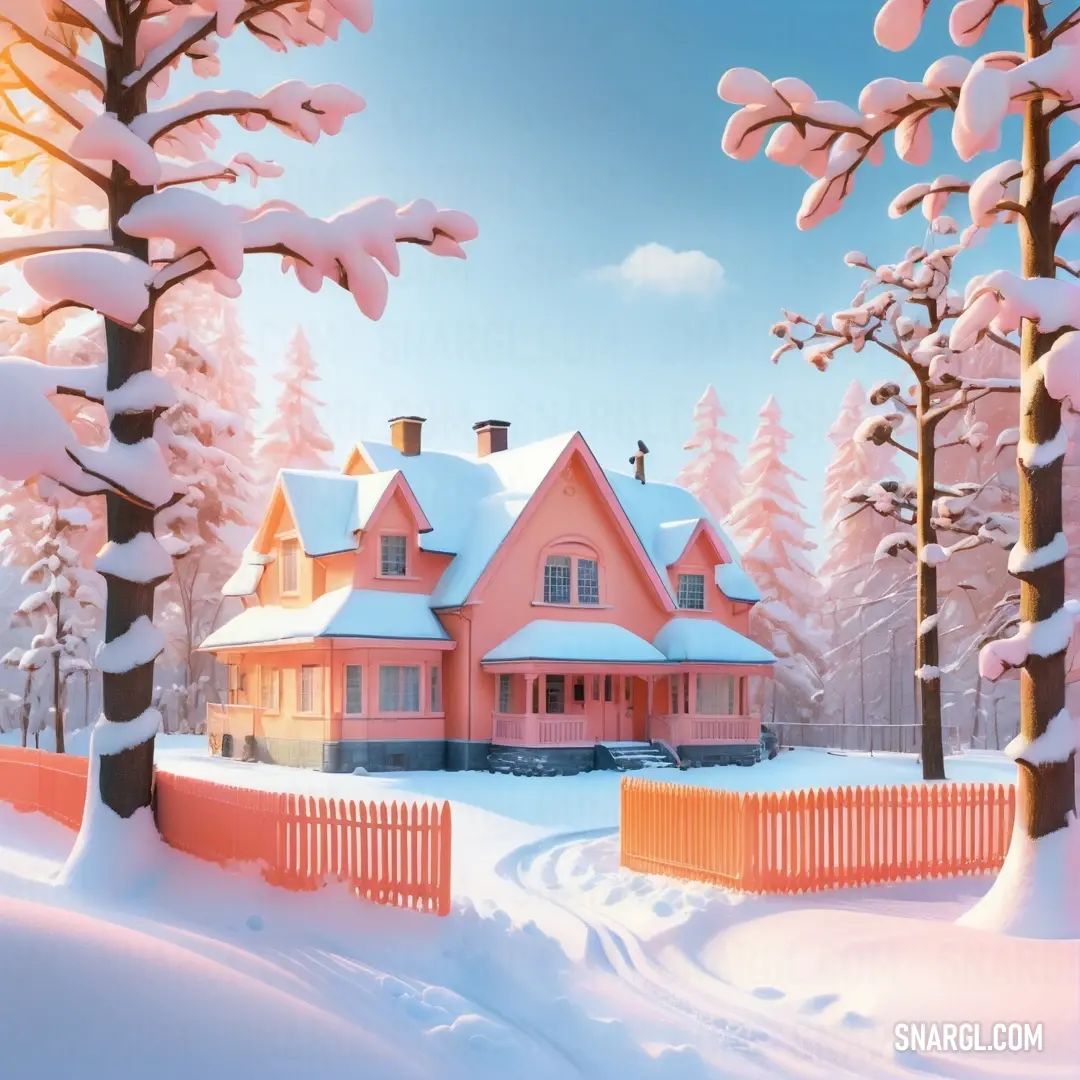 NCS S 0510-Y90R color example: Pink house in the middle of a snowy forest with a fence and trees in the foreground