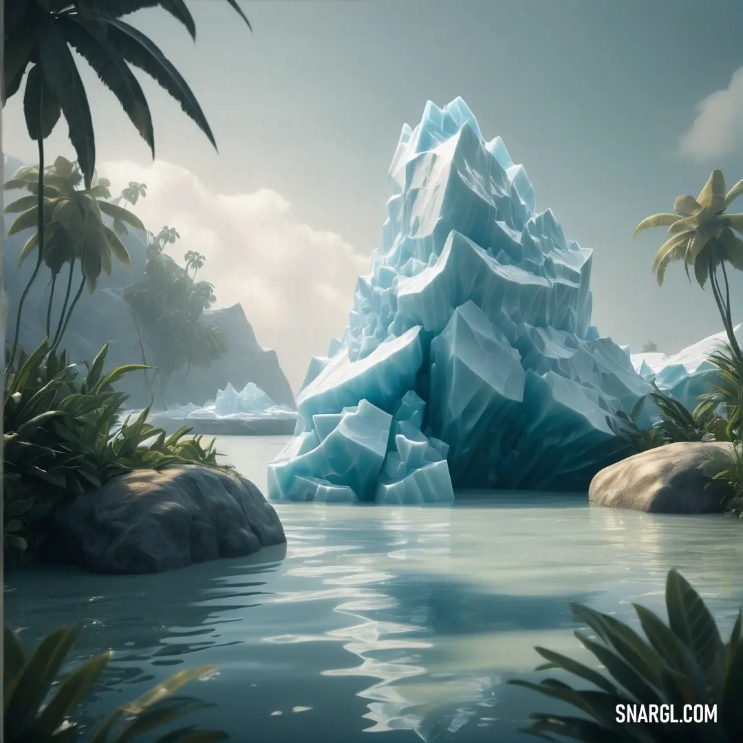 Large iceberg floating in a lake surrounded by palm trees and rocks in the water with a blue sky. Example of CMYK 27,0,14,0 color.