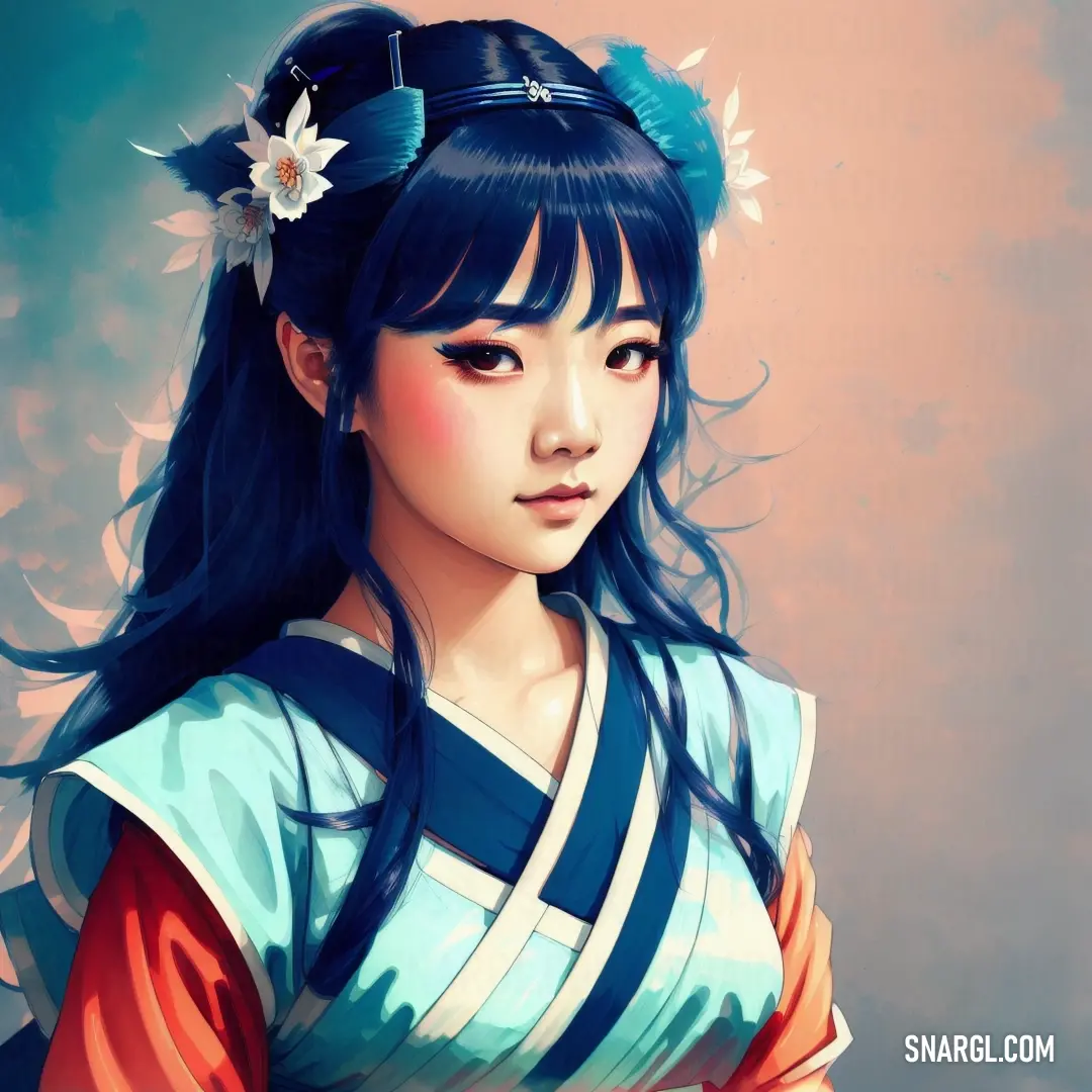 NCS S 0515-B50G color example: Woman with long hair and a flower in her hair wearing a blue and white dress