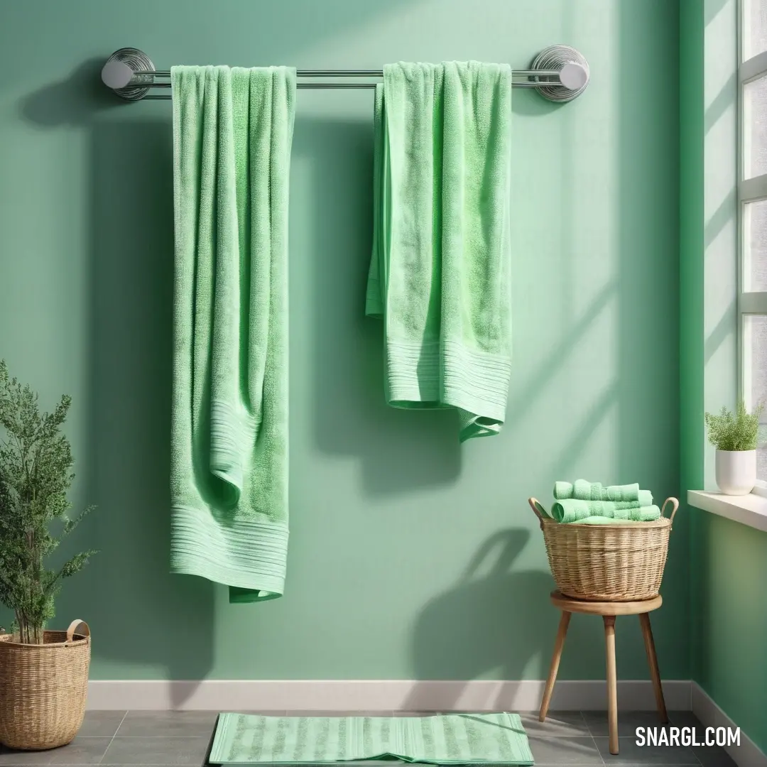 Green bathroom with a towel rack and a basket of towels on the wall. Color NCS S 0515-B80G.