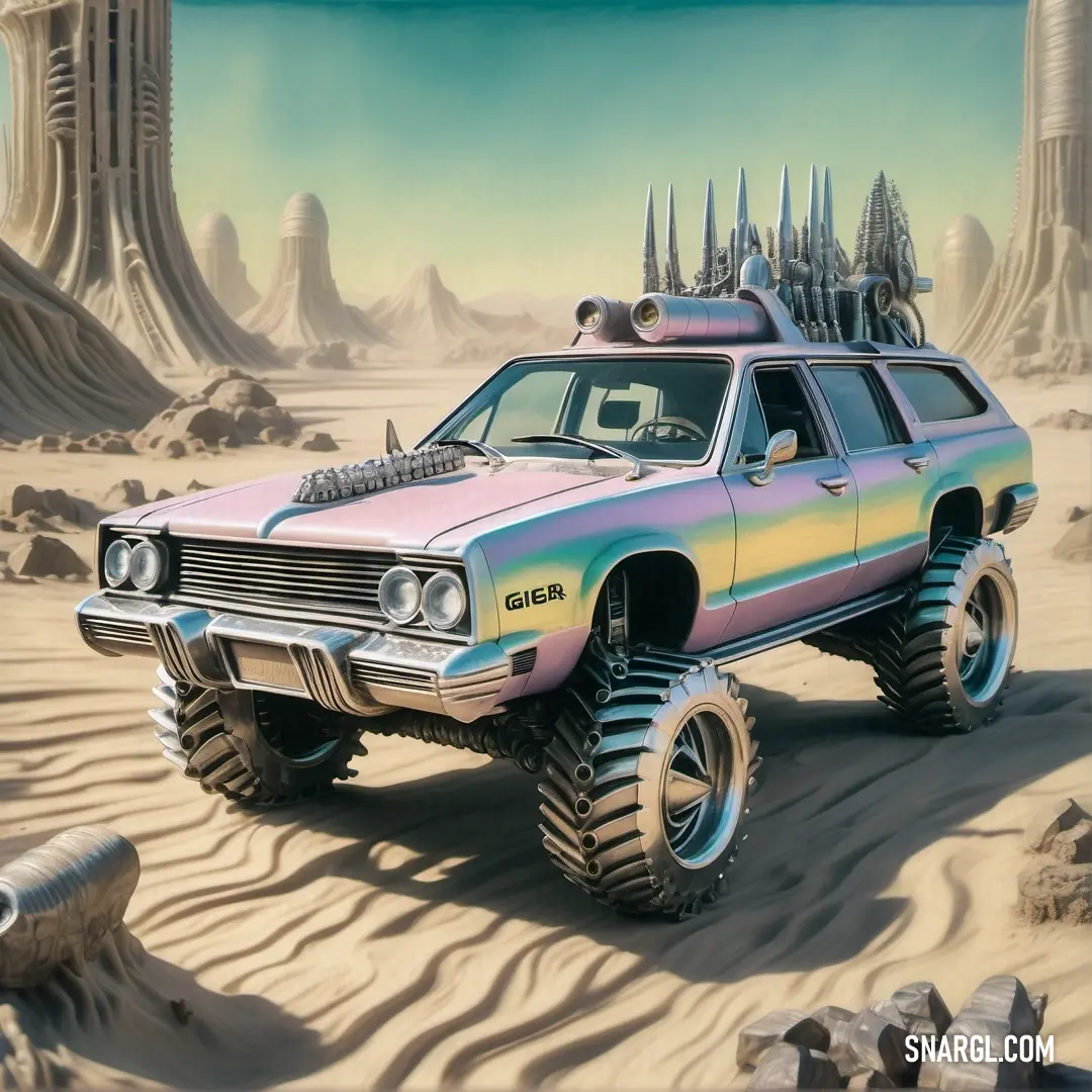 Car with a monster truck on it in the desert with a castle in the background. Example of NCS S 0515-B80G color.