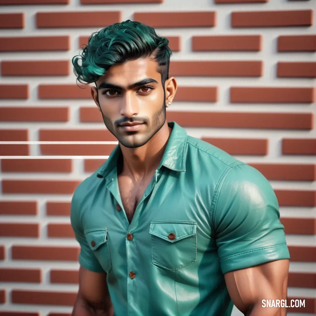 Man with a green shirt and a green haircut is posing for a picture in front of a brick wall. Color RGB 223,249,235.