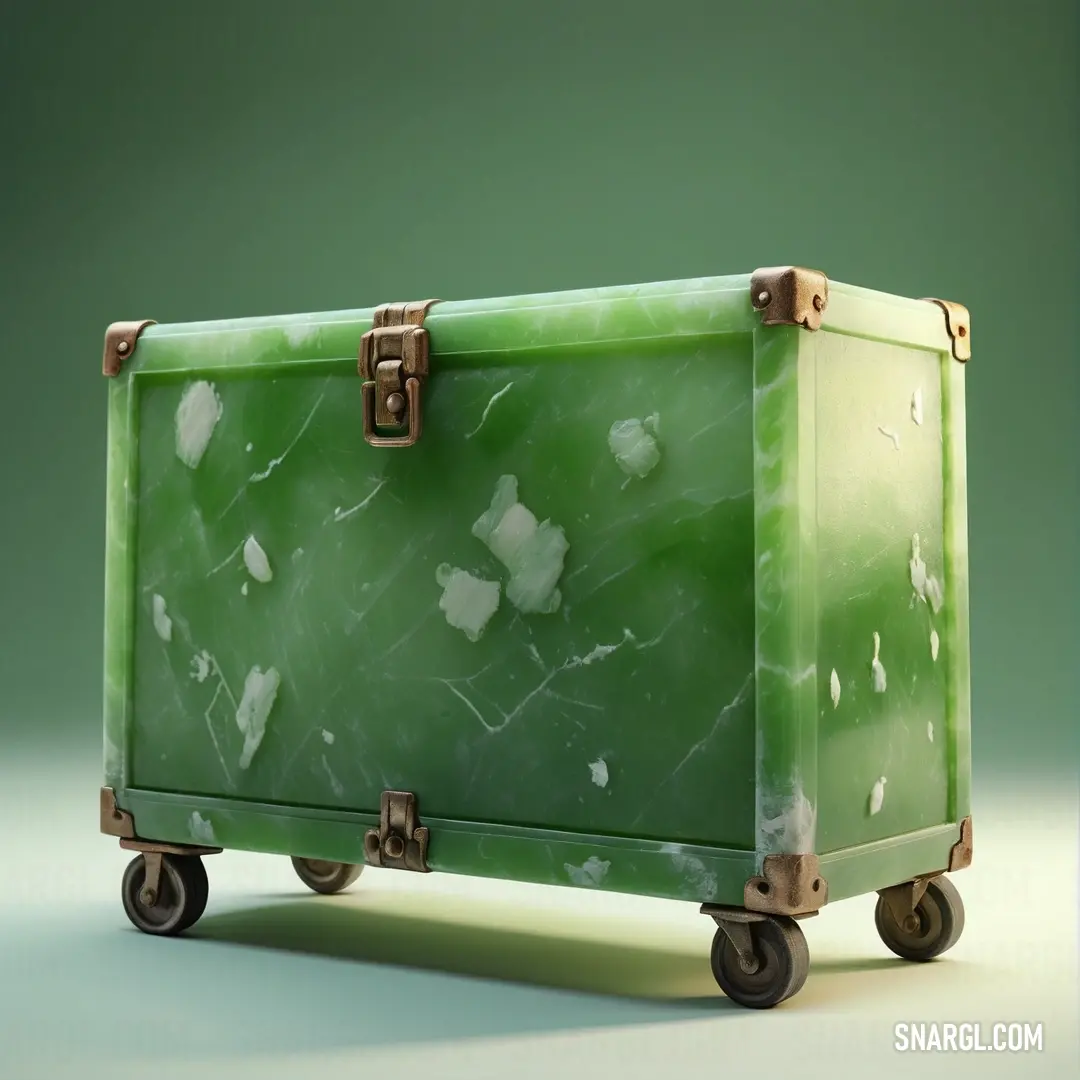 Green suitcase with wheels and a green marble pattern on it's sides and a brown handle on the top. Color NCS S 0515-G20Y.