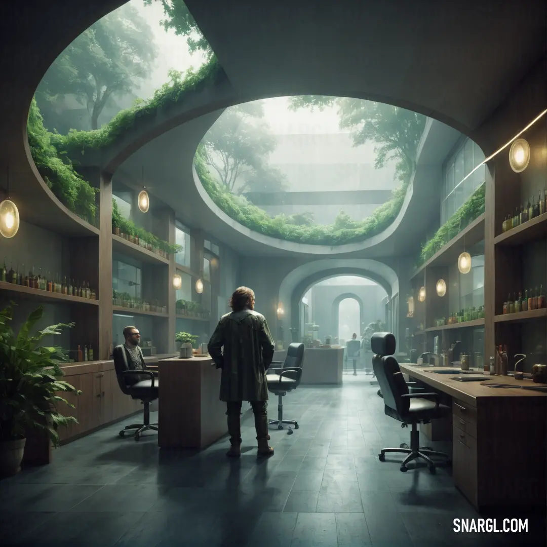 Man standing in a room with a desk and chairs in it and a green plant growing on the ceiling. Example of NCS S 0515-G20Y color.