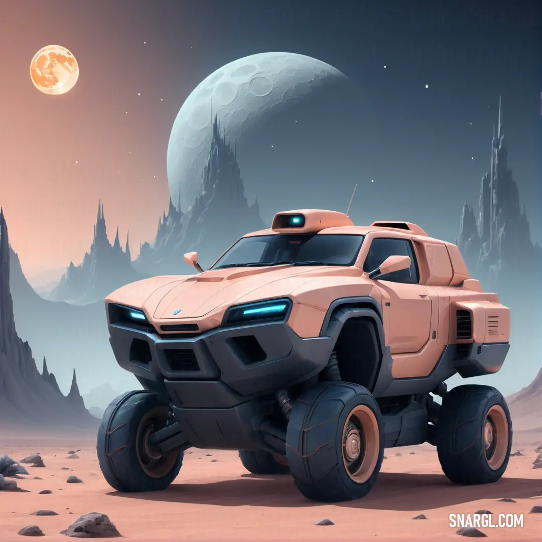 Futuristic vehicle is driving through a desert area with a moon in the background. Example of CMYK 0,20,14,0 color.