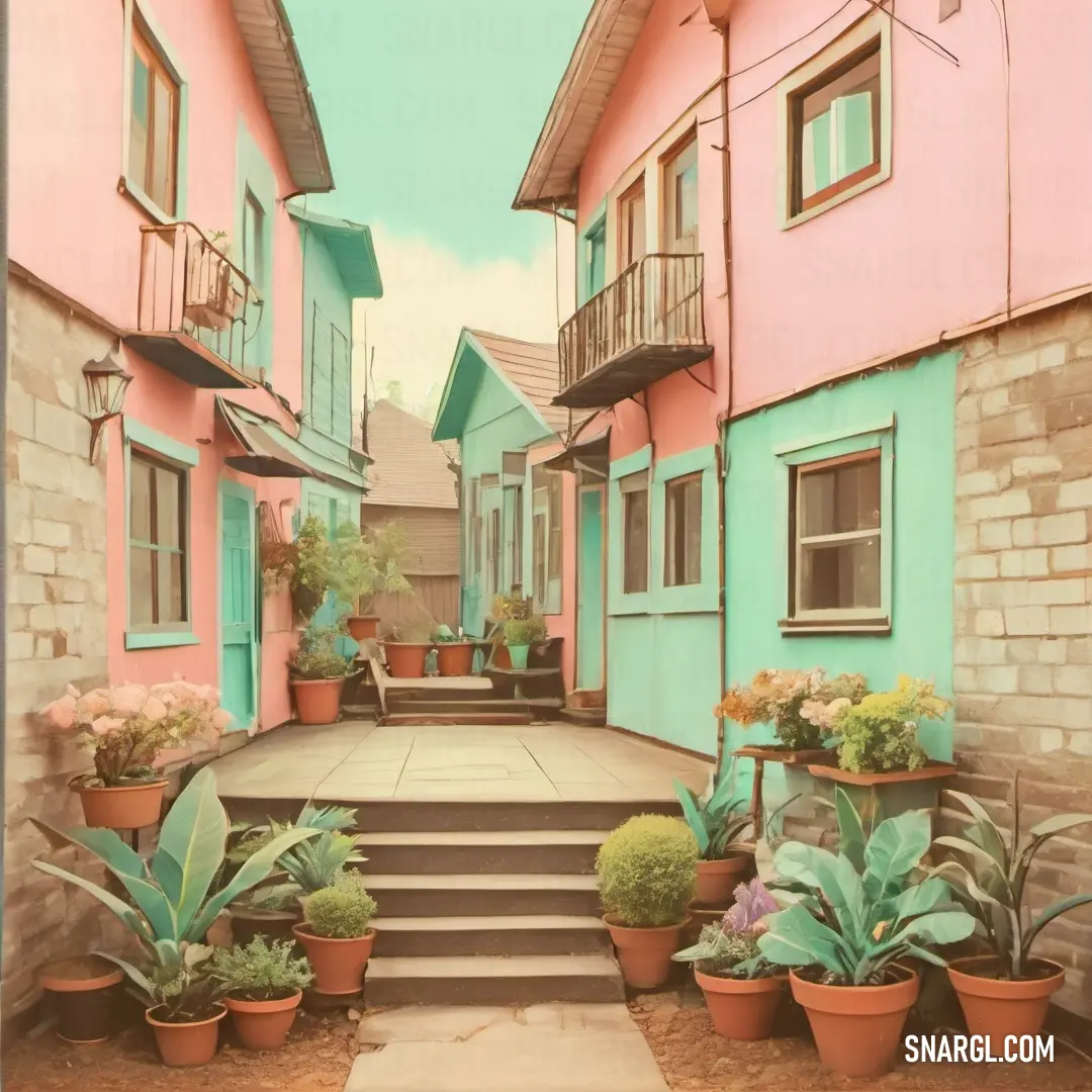 Narrow street with potted plants and a staircase leading to a building with a balcony and balconies. Example of CMYK 0,20,14,0 color.