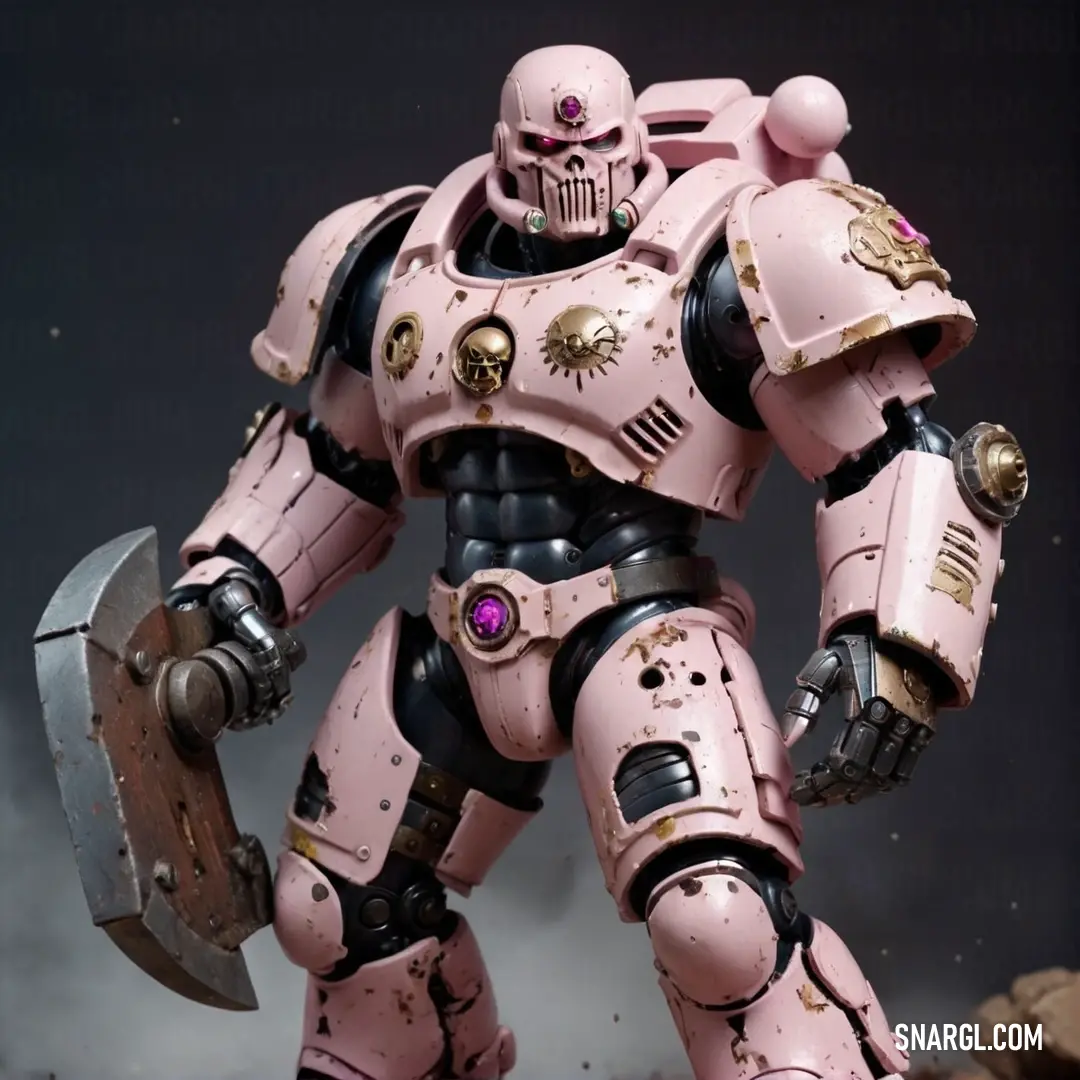 NCS S 0515-R color example: Pink warhammer with a large sword and a helmet on it's head and a large shield on his arm