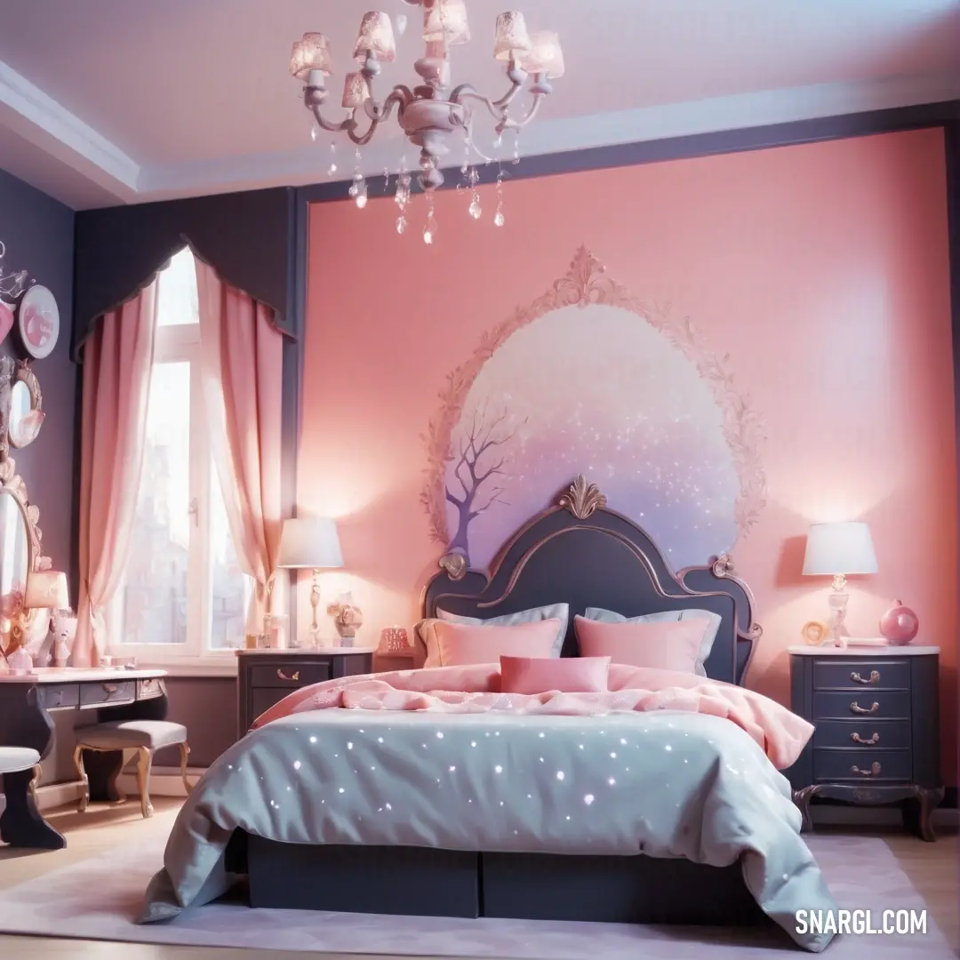 Bedroom with a pink wall and a chandelier hanging from the ceiling and a bed with a pink comforter. Example of NCS S 0515-R10B color.