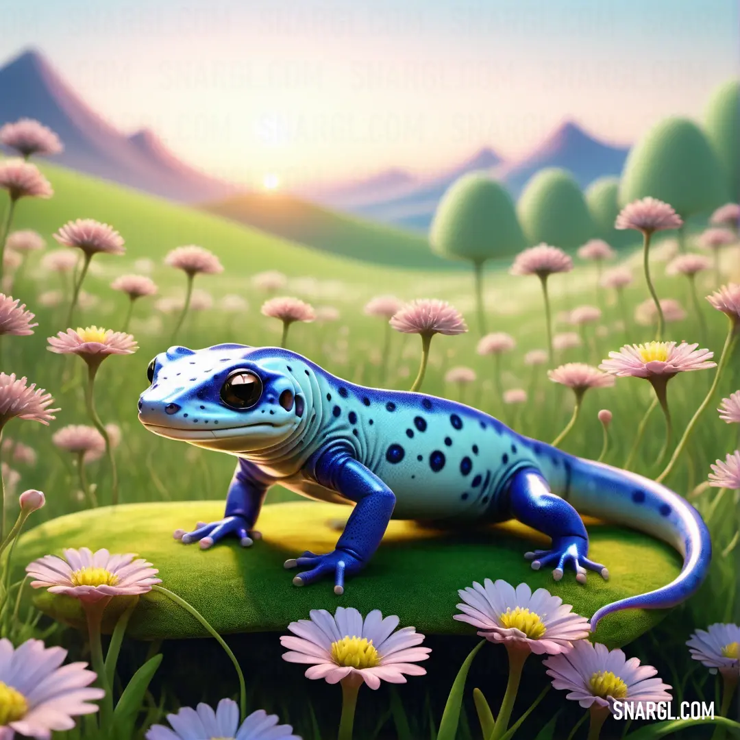 NCS S 0515-R10B color. Blue and black lizard on a green rock in a field of flowers and daisies with a mountain in the background