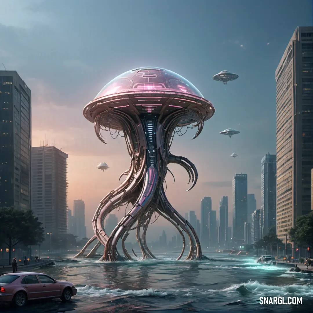 Giant octopus like structure in the middle of a city. Color RGB 255,227,235.