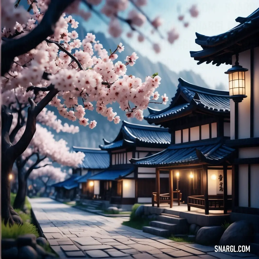 Japanese style building with cherry blossoms on the trees in front of it. Color NCS S 0515-R40B.