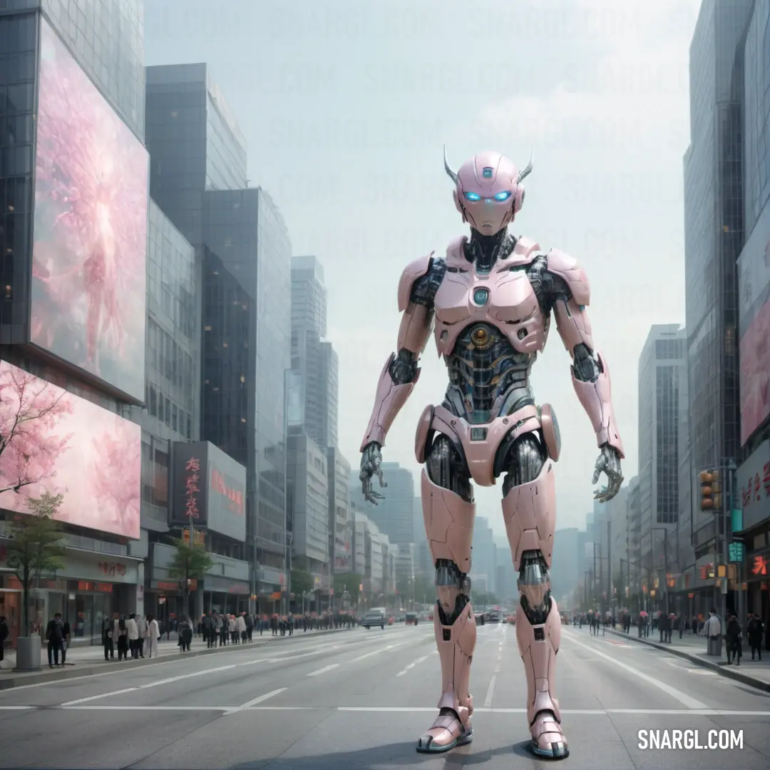 Robot standing in the middle of a city street with a lot of tall buildings in the background. Color RGB 255,237,245.